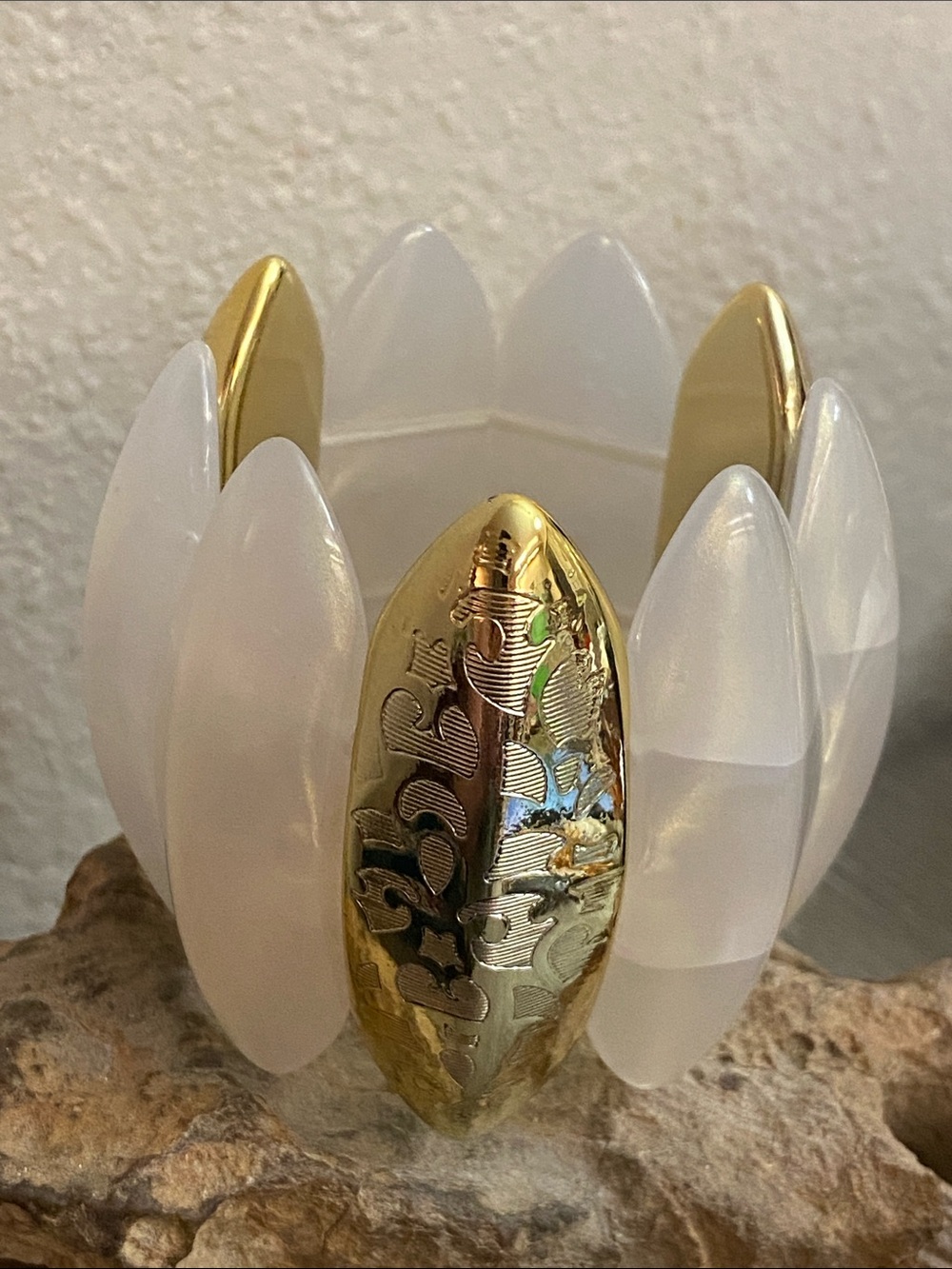 Vintage 90s Thick Translucent White & Embossed Gold Acrylic Bracelet
